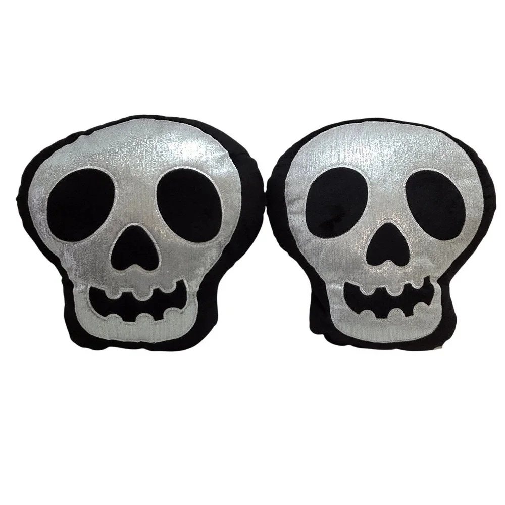 A pair of Halloween Skull Pillows‎ Black Silver Sparkle Decor 12.25 x 11.5
